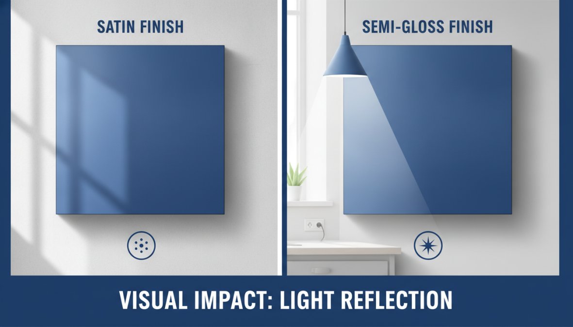 Two freshly painted kitchen cabinet doors mounted side by side on a white wall, one with a satin finish showing soft diffused light, the other with semi-gloss reflecting a sharp highlight from a nearby pendant light fixture, photographed in a bright modern kitchen with natural daylight