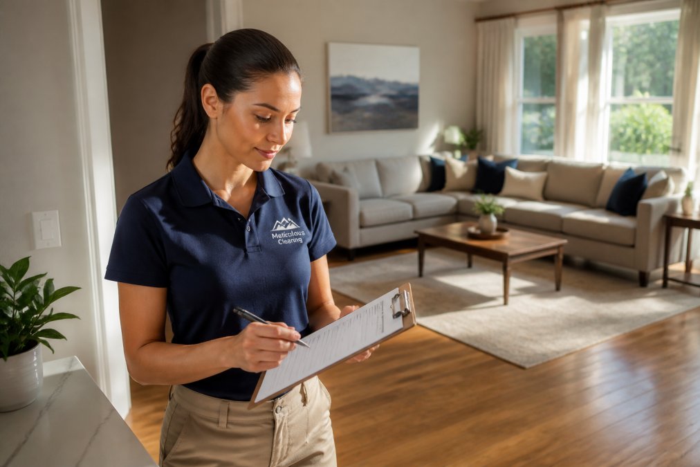 A professional cleaner in a crisp uniform reviewing a printed service agreement on a clipboard inside a bright, sunlit living room, with freshly cleaned furniture visible in the background, conveying trust and accountability