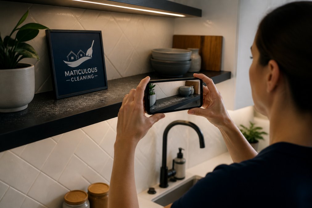 A homeowner photographing a dusty shelf with a smartphone in a clean modern kitchen, documenting a missed area under bright overhead lighting before contacting the cleaning company