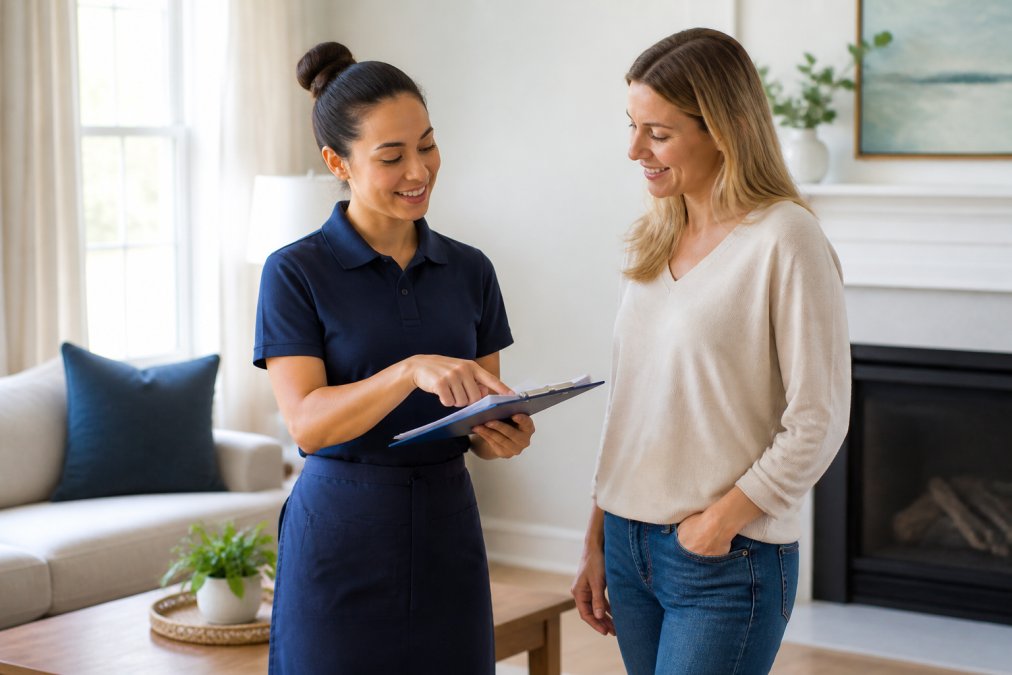 Professional cleaning technician in uniform reviewing a detailed checklist with a homeowner in a bright, well-maintained living room with natural lighting