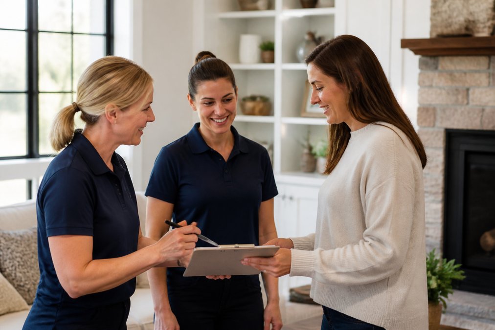 Professional cleaning team members communicating with a homeowner in a residential setting, showing trust and professionalism while reviewing a service agreement
