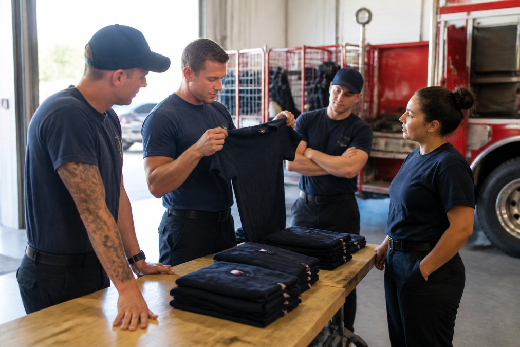 A fire station crew in a bright apparatus bay inspecting a stack of folded custom station shirts on a table, one firefighter holding a shirt up to check stitching and sizing