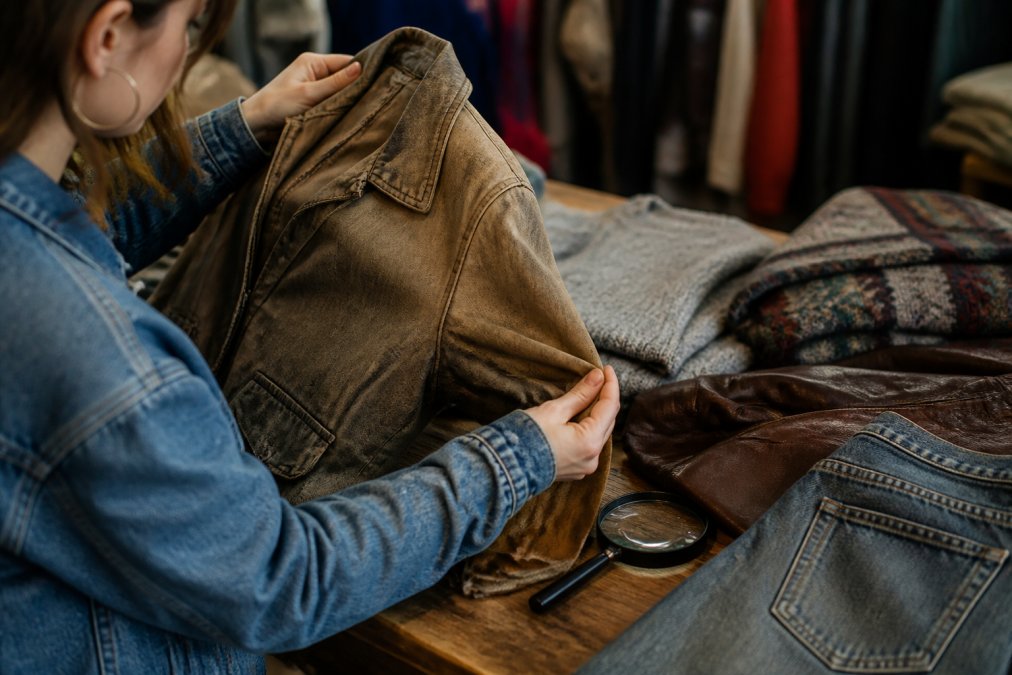 Person prüft die Naht einer Vintage-Jacke auf saubere Vintage Ware mit Lupe und weiteren Kleidungsstücken.