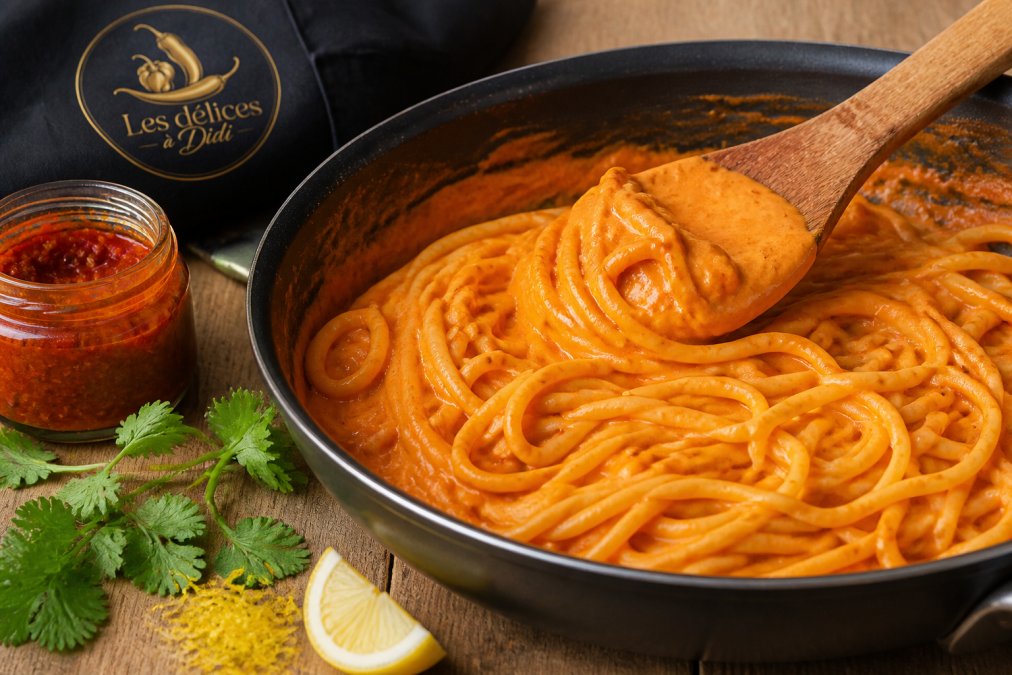 Gros plan sur une poêle où une sauce rouge orangé enrobe des spaghettis, une cuillère en bois soulève la sauce crémeuse et onctueuse, brins de coriandre fraîche et zeste de citron posés sur le plan de travail en bois à côté d'un petit pot de pâte de piments artisanal