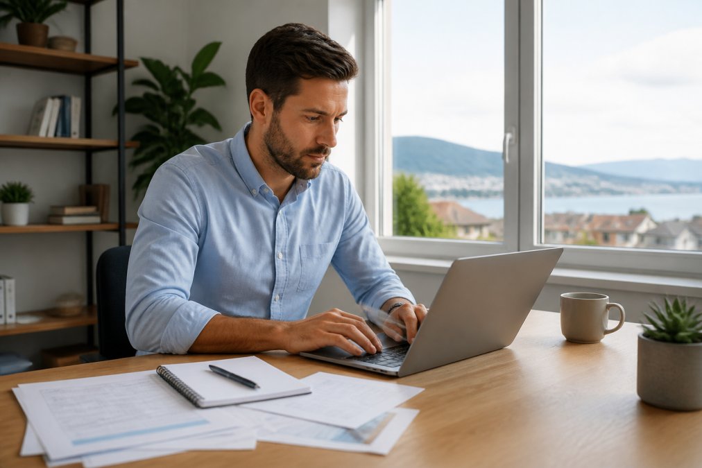 Schweizer Berufstätiger sitzt an seinem Schreibtisch, konzentriert auf seinen Laptop, mit Steuerformularen und einem Notizbuch daneben, helles Tageslicht aus dem Fenster