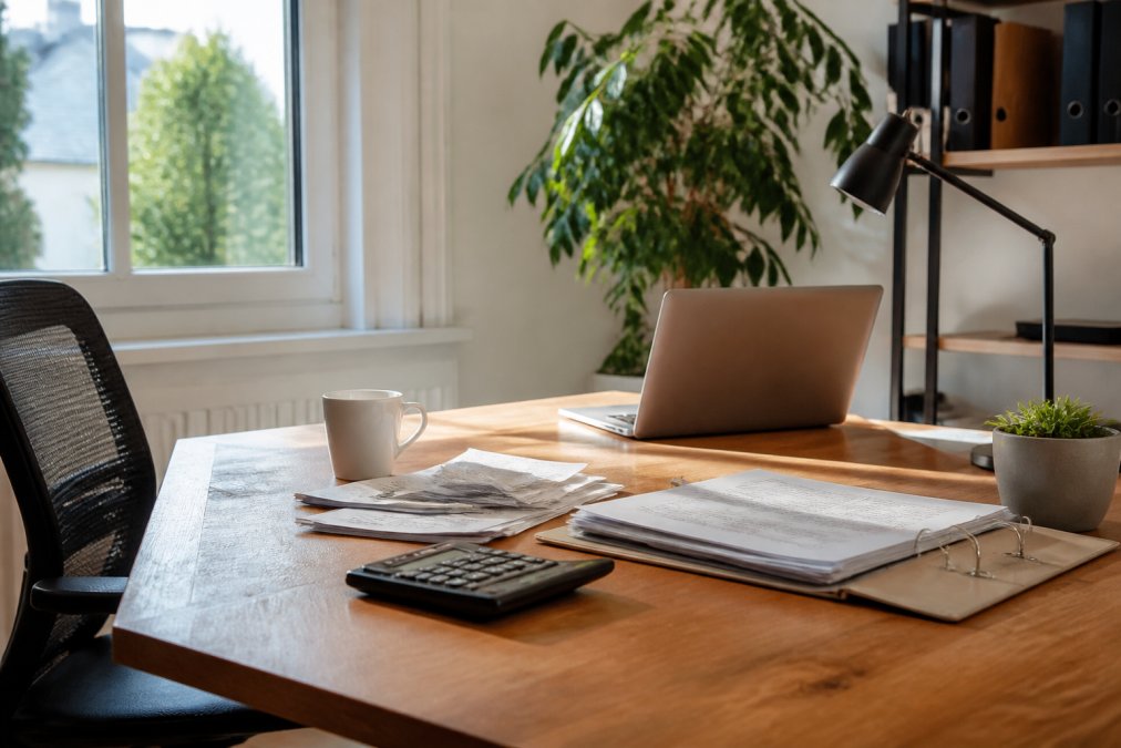 Moderner Home-Office-Arbeitsplatz mit Computer, Dokumenten und Kaffeetasse auf Schreibtisch, zeigt die praktische Realität von Berufskosten und Home-Office-Setup mit natürlichem Tageslicht