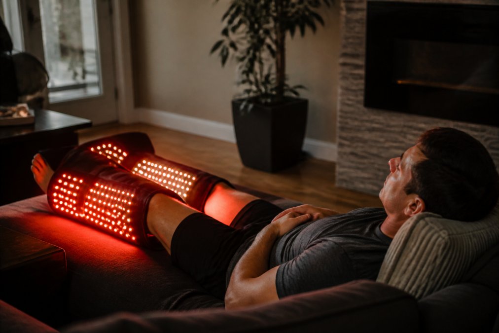 Person lying down using a red light therapy pad on their legs, showing the warm glow and relaxed posture during recovery session