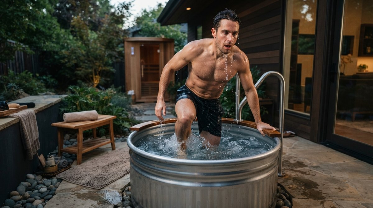 Athlete in athletic wear using a cold plunge tub at home with water splashing, in a modern minimalist bathroom with natural light from a window