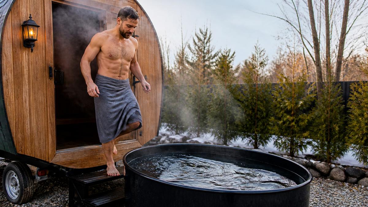 A person in a towel stepping from a wood-fired sauna trailer into a cold plunge tub outdoors, steam rising behind them, natural daylight, backyard setting