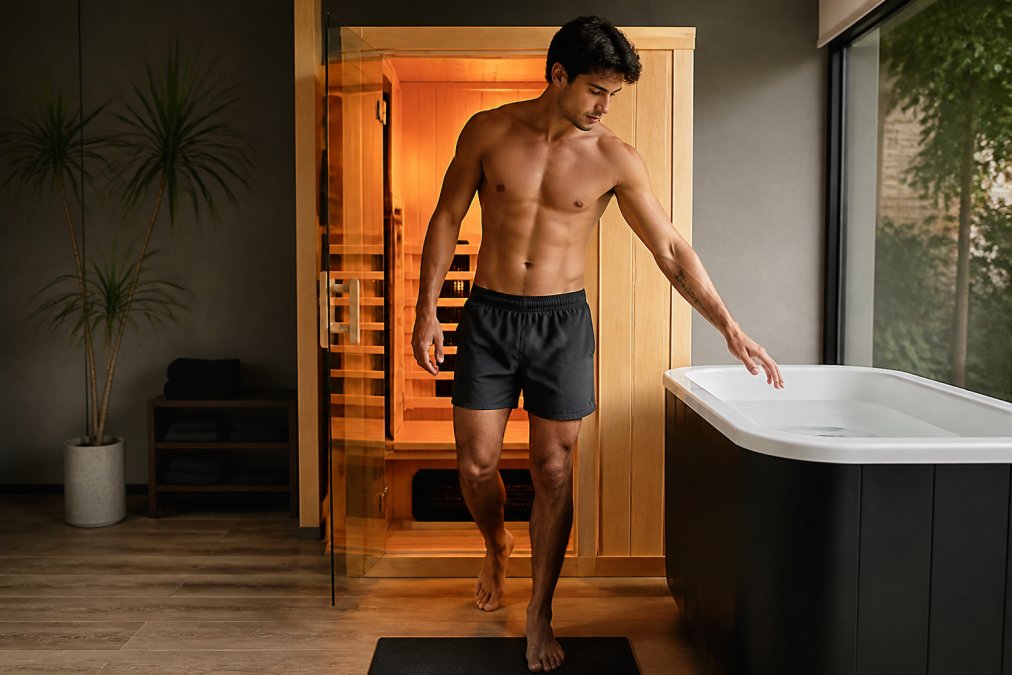 Person stepping out of infrared sauna cabin, reaching toward nearby cold plunge tub in modern home wellness room with wood flooring and soft lighting