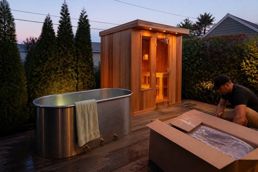 A backyard wellness sanctuary at dusk featuring a cedar outdoor sauna and a stainless steel cold plunge tub side by side, with warm interior sauna light, a wooden deck, and a towel draped over the plunge edge