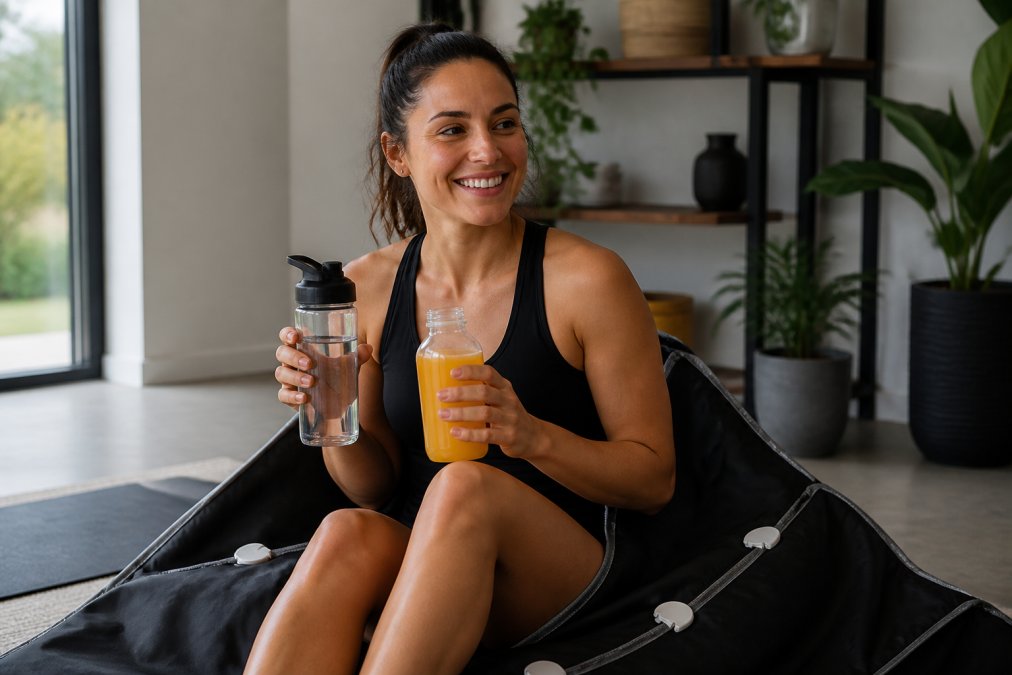 Athletic person holding a water bottle and electrolyte beverage after a sauna session, appearing refreshed and relaxed in a modern home wellness space