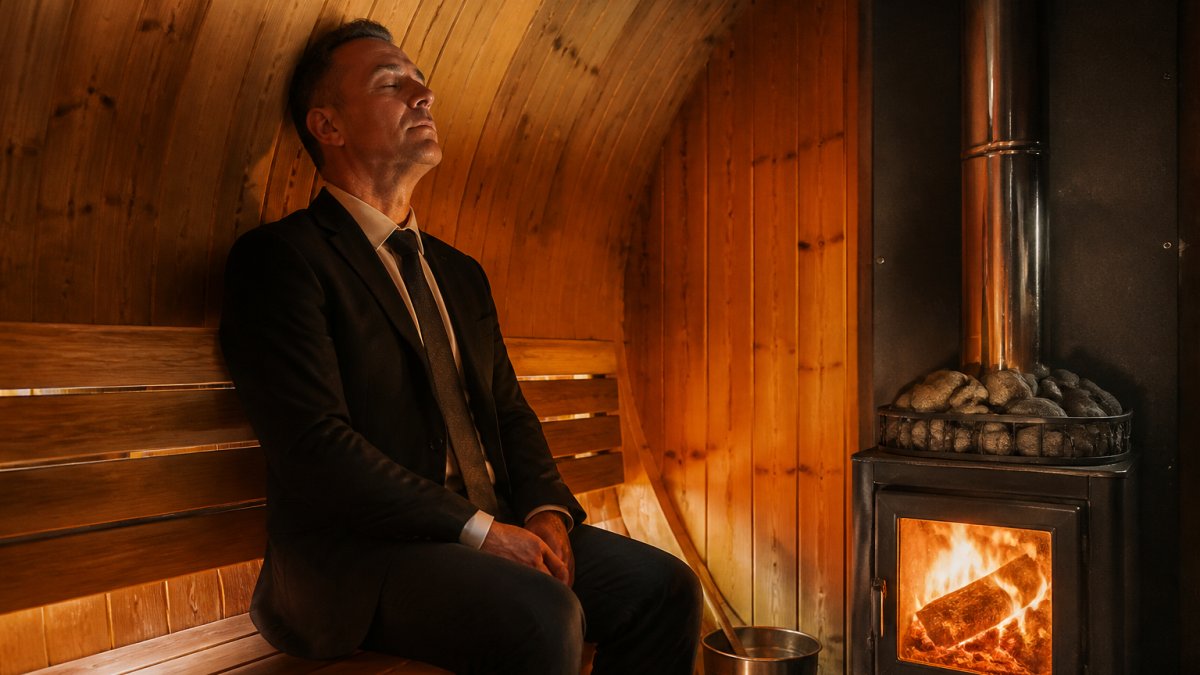 Professional in business attire sitting peacefully in a wood-fired sauna interior, warm ambient lighting from the stove, eyes closed in relaxation