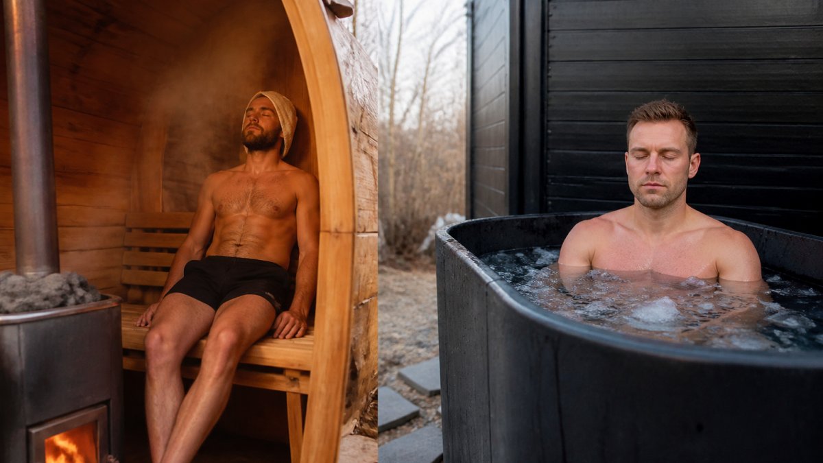 A person relaxing in a wood-fired sauna as part of a sauna vs ice bath recovery routine.