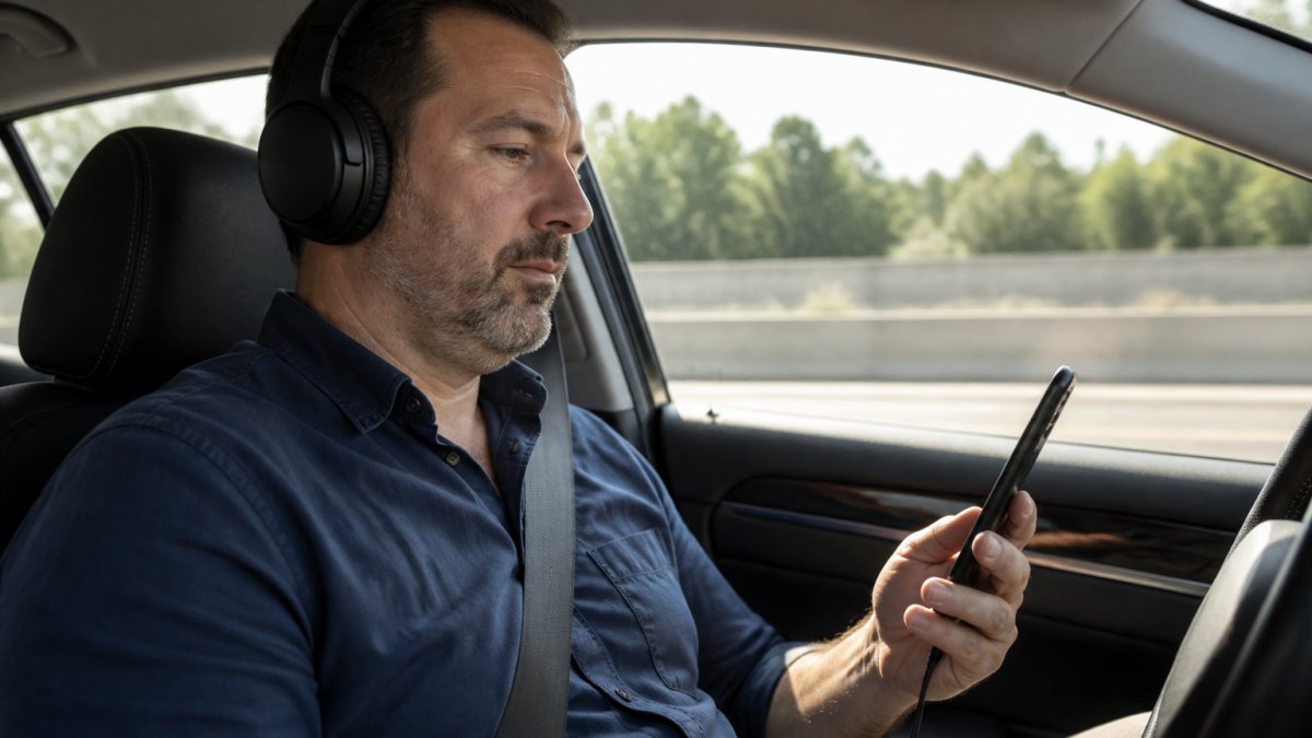 Person listening to audiobook on smartphone while commuting in car with headphones visible, natural daylight through window