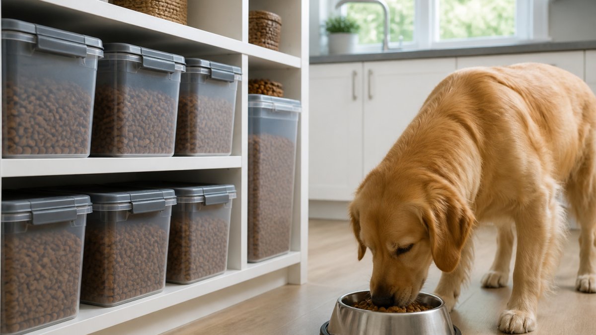 Pet food storage area with stacked airtight containers labeled with dates, alongside a dog eating from a bowl in a bright kitchen