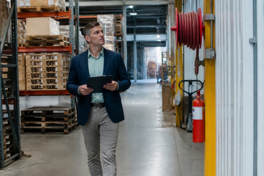 Business owner inspecting a warehouse to meet business insurance Las Vegas safety standards