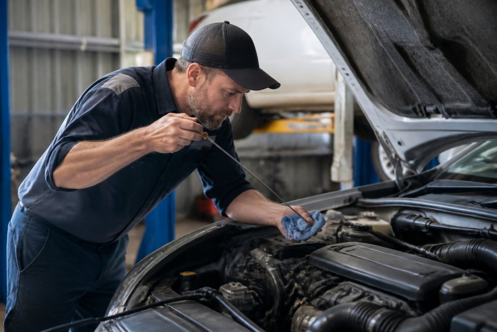 Mechanic checking car engine oil level under the bonnet, observing the dipstick with engine compartment clearly visible in natural workshop lighting