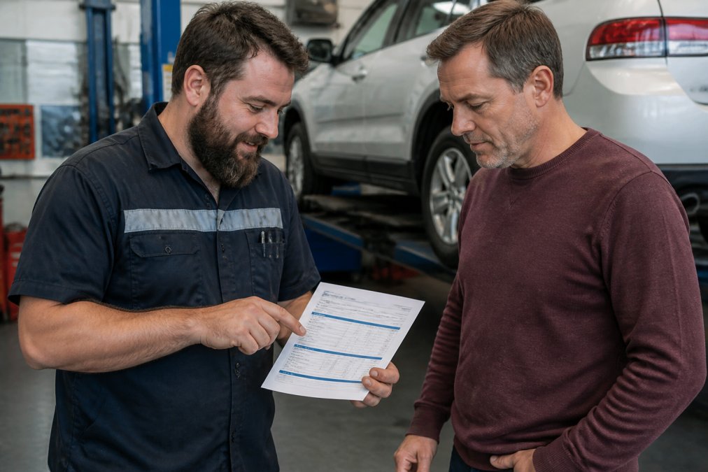 Mechanic showing a printed service quote to a customer in a workshop, both reviewing the itemised document together with the vehicle visible in the background