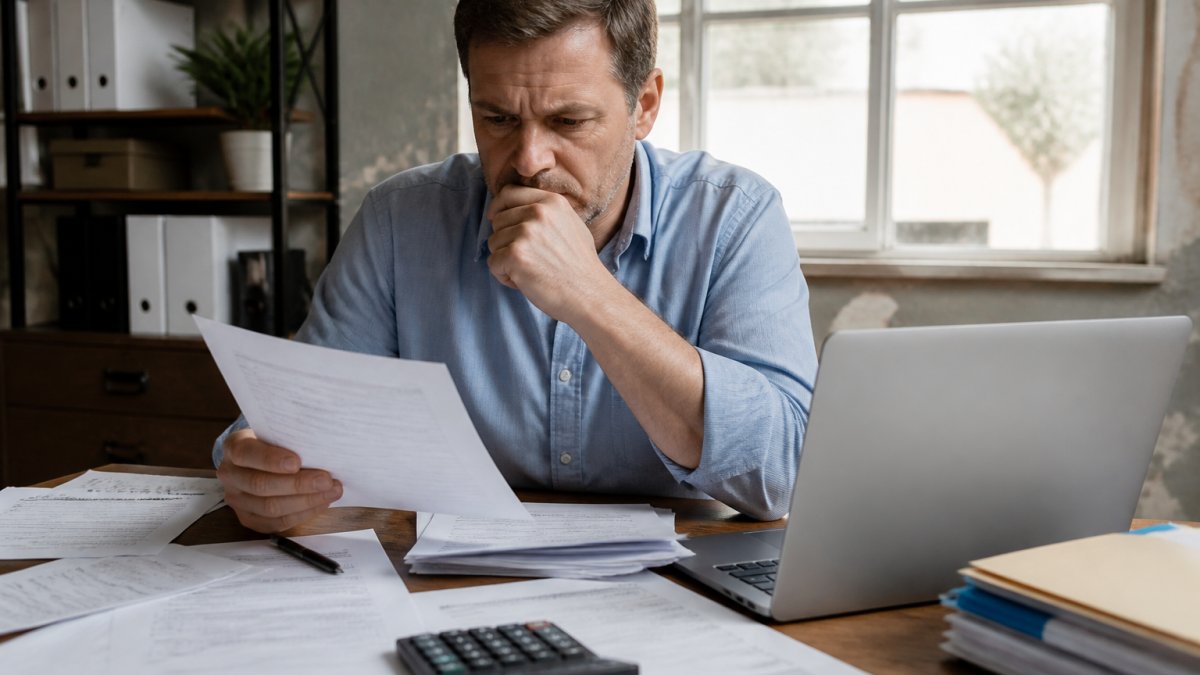 A small business owner at a desk covered with paperwork and a laptop, looking at a spreadsheet with a thoughtful expression, in a modest office setting