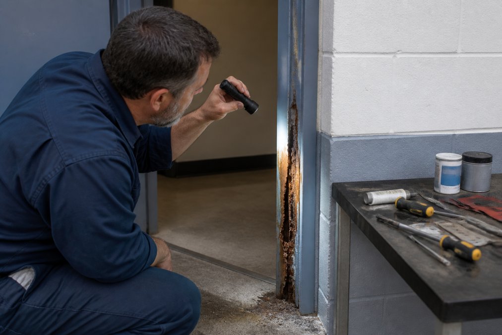 Professional maintenance technician inspecting a corroded metal door frame, using a flashlight to examine rust damage on the jamb with tools and repair supplies visible on a nearby workbench