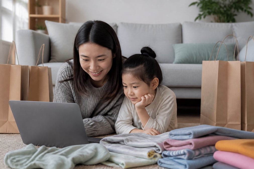 Parent and child browsing clothing on a laptop together at home, with shopping bags and folded apparel nearby