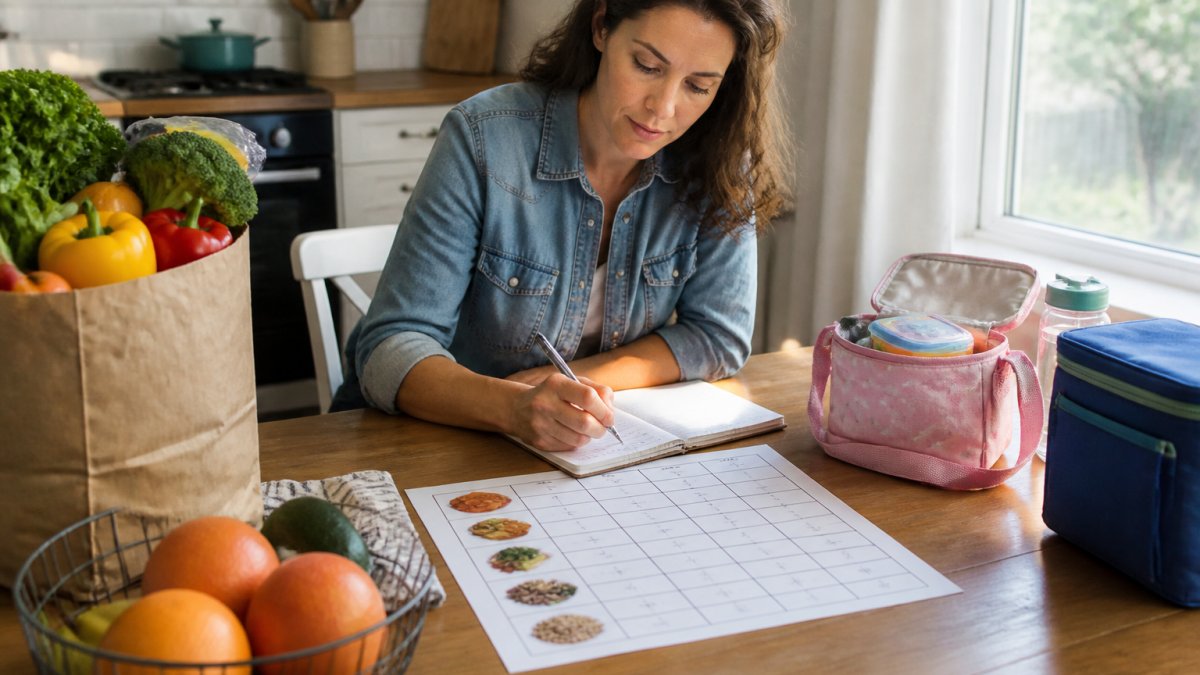 A mother at a kitchen table with a printed weekly meal plan and a notepad, children's lunchboxes nearby, warm morning light