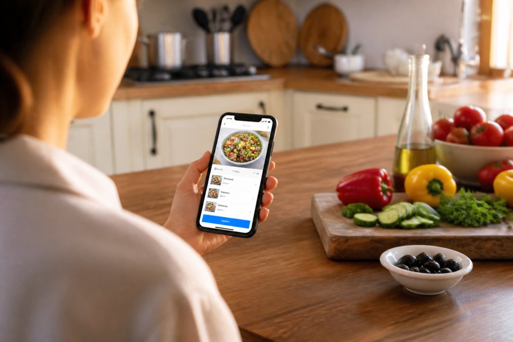 Person holding a smartphone displaying a restaurant's website with a food order ready to submit, sitting at a kitchen table with fresh Mediterranean ingredients visible