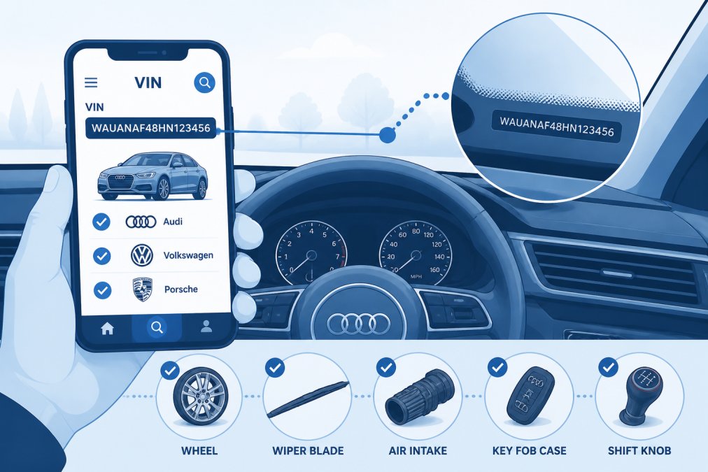 Close-up of a hand holding a smartphone displaying a VIN lookup screen, with a car dashboard visible in the background showing the VIN on the windshield sticker, natural daylight through the windshield