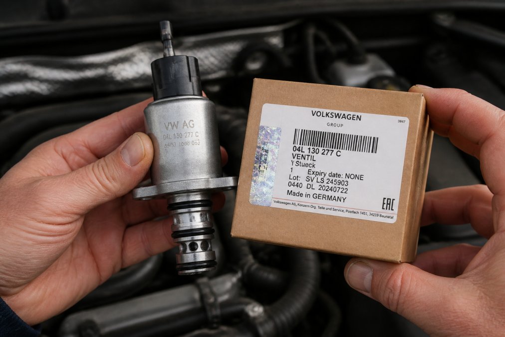 Close-up of hands holding an authentic VW OEM part next to packaging, showing part number label, hologram verification, and quality markings in clear detail