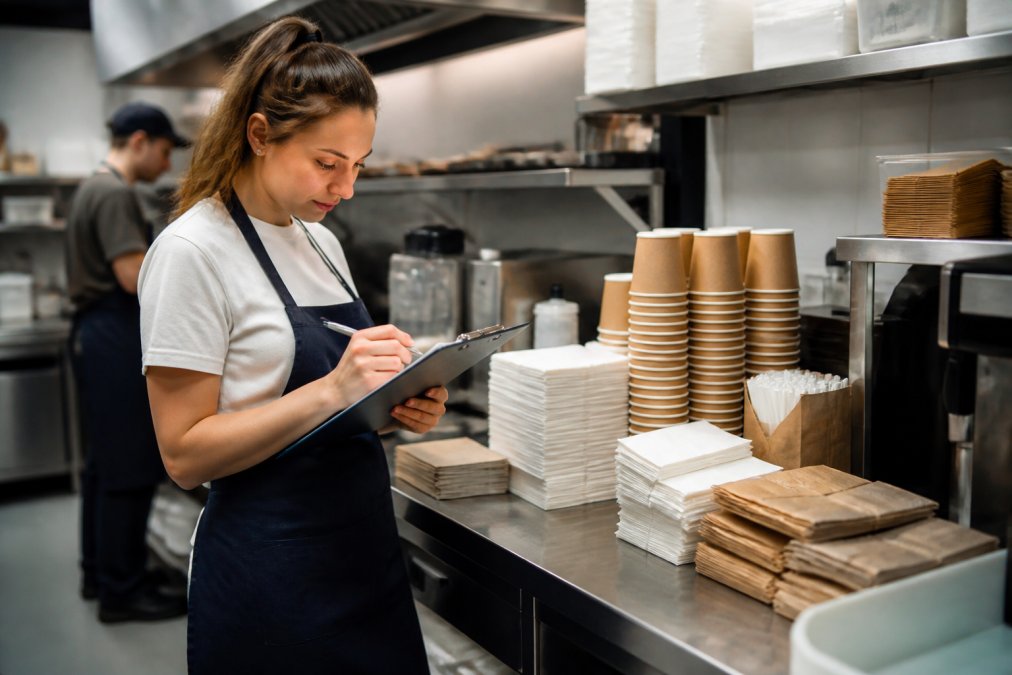 A café manager in an apron holding a clipboard, counting stacks of paper napkins and takeaway cups on a stainless steel prep counter in a busy kitchen