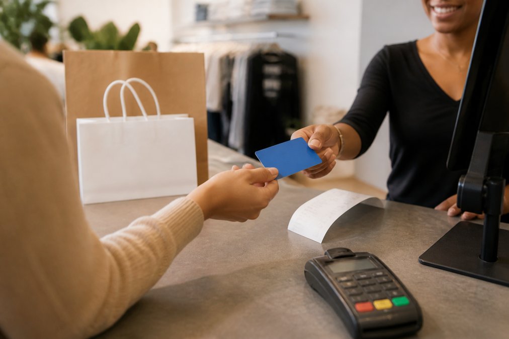 Person holding a discounted gift card at a retail checkout counter with shopping bags and receipt visible in the background, natural store lighting