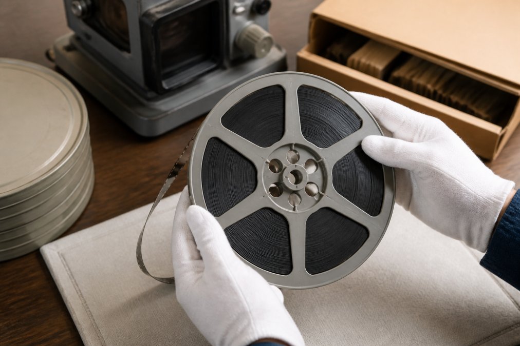 Step-by-step guide on using cotton gloves to safely save old film reels