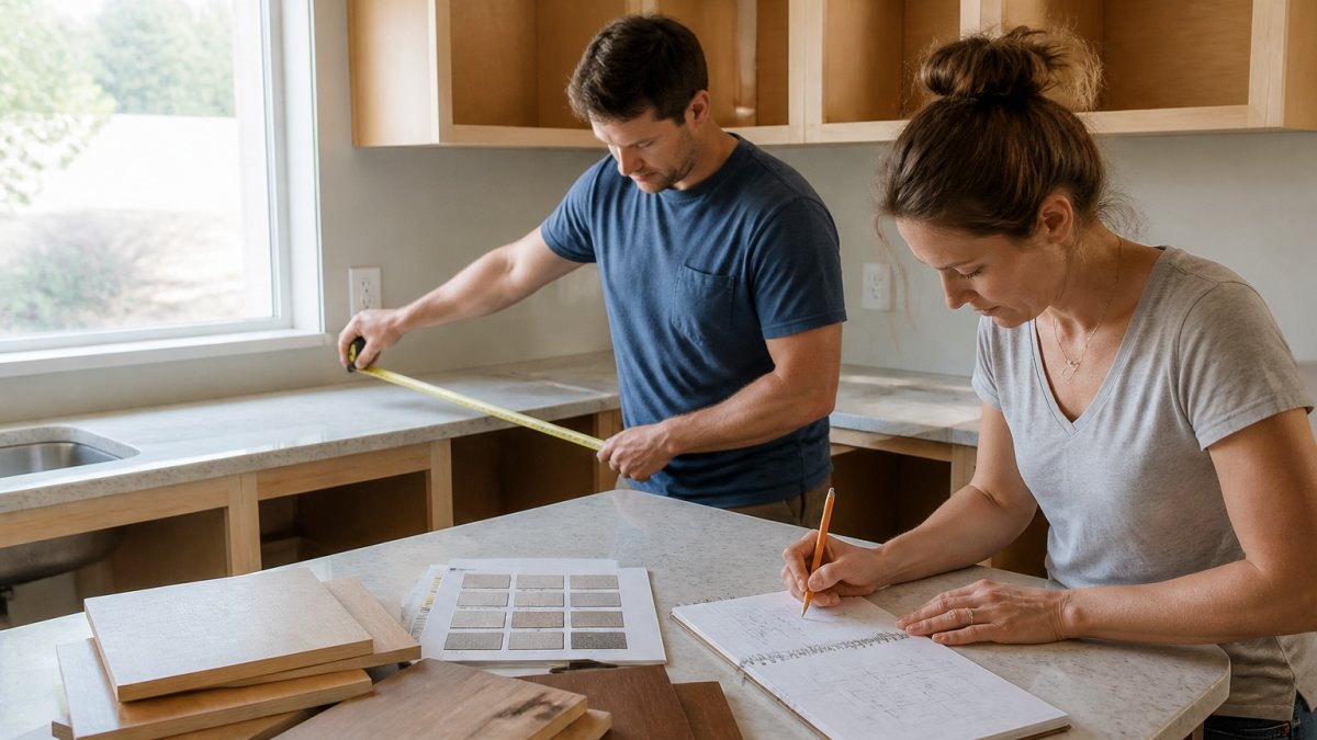 Homeowner measuring kitchen cabinet space with tape measure, sketching layout notes on counter with design samples and plywood cabinet samples visible
