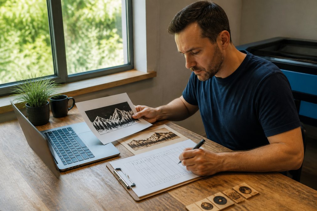 Designer using software for laser file preparation with a pre-flight checklist and printed samples on their desk.