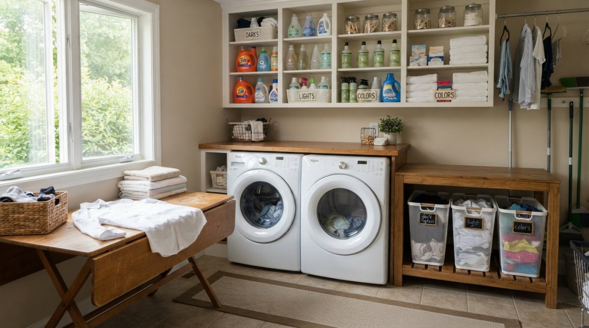 A well-organized laundry room with white mesh sorting bins labeled by color, a front-load washer and dryer side-by-side, a wooden folding table with natural light from a window, and shelving with neatly organized detergent bottles and supplies