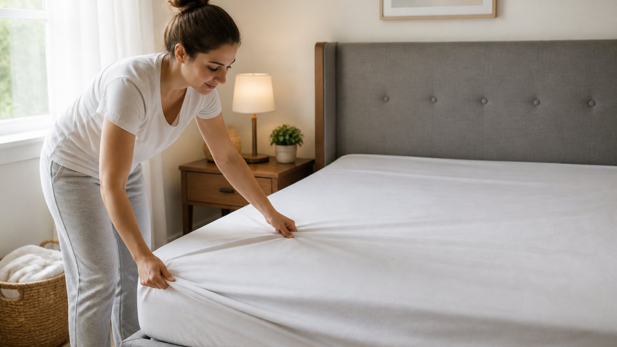 Person efficiently changing bed sheets on a made bed, demonstrating proper tucking technique with fitted sheet in place, natural bedroom lighting
