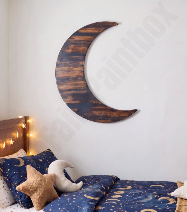 Stained wooden crescent moon sign hanging in celestial kids room