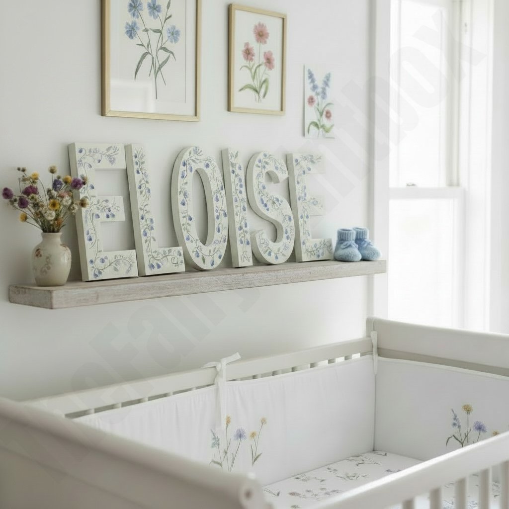 Bluebell painted wood letters sit on shelf above baby’s crib. Botanical wildflower themed nursery room.