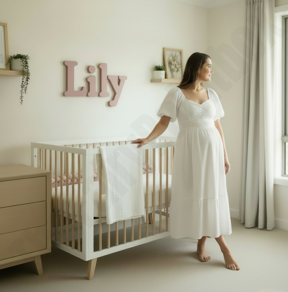 Expecting mom stands in baby’s room. Wooden name letter sign in rose pink hands in wall.
