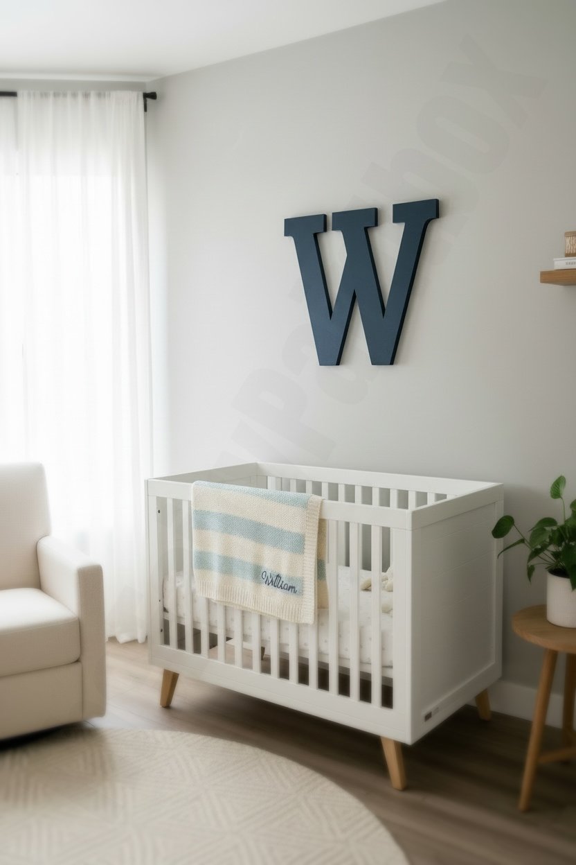Navy blue wood monogram hangs above crib in a boy’s nursery room.