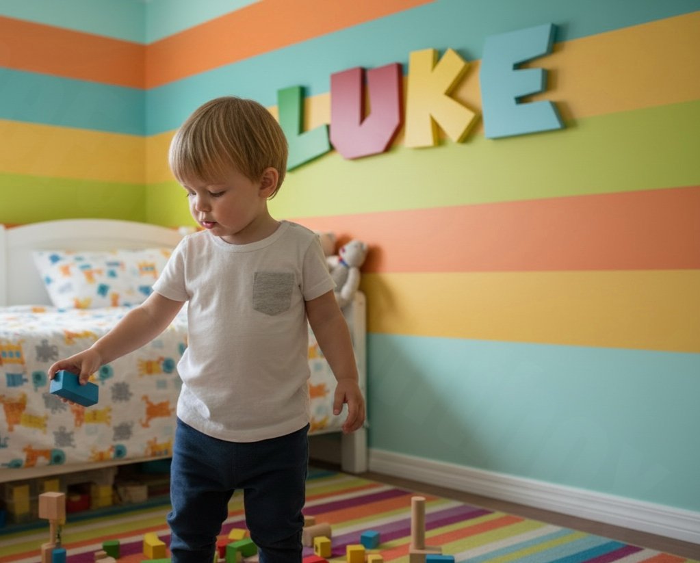 Boy plays in colorful nursery room. Wood name letters inspired by video game font hangs on wall.