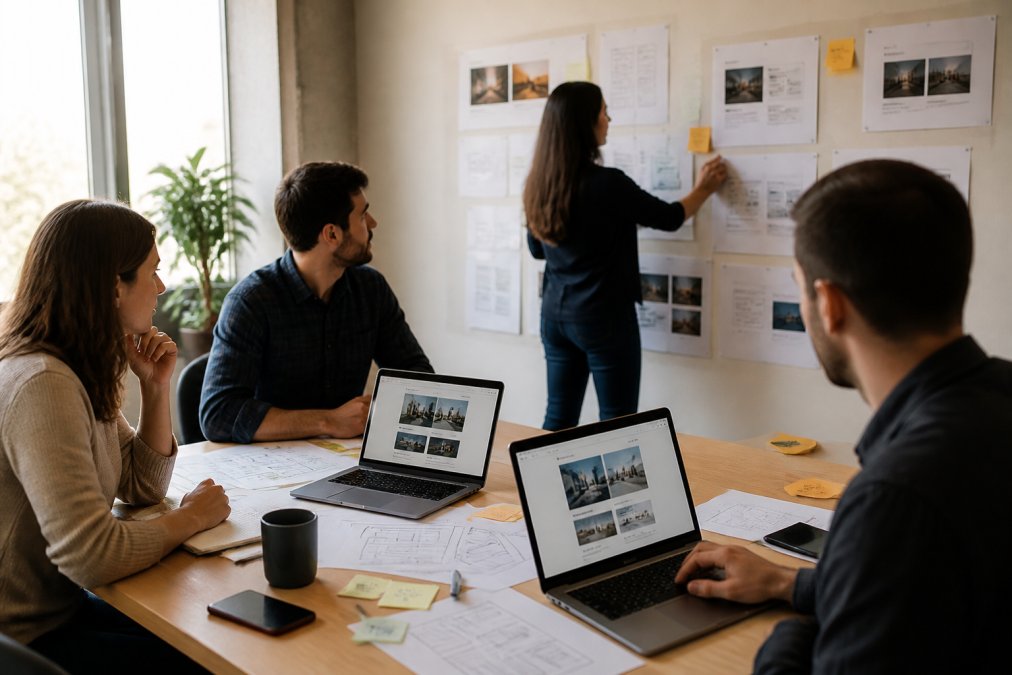 Team collaborating on a web design project with laptops showing design mockups, sketches spread across a wooden desk, and a project timeline visible on the wall in a bright, modern office space