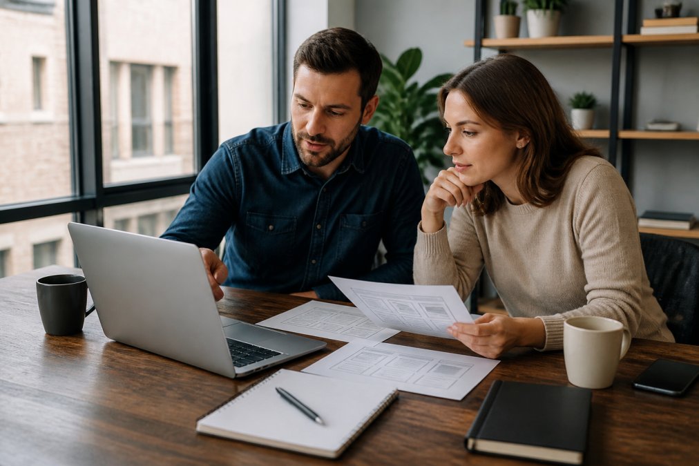 Business owner and web designer sitting at a modern desk reviewing website mockups on a laptop and paper sketches, with coffee cups and notebooks visible, natural window lighting in a professional office setting