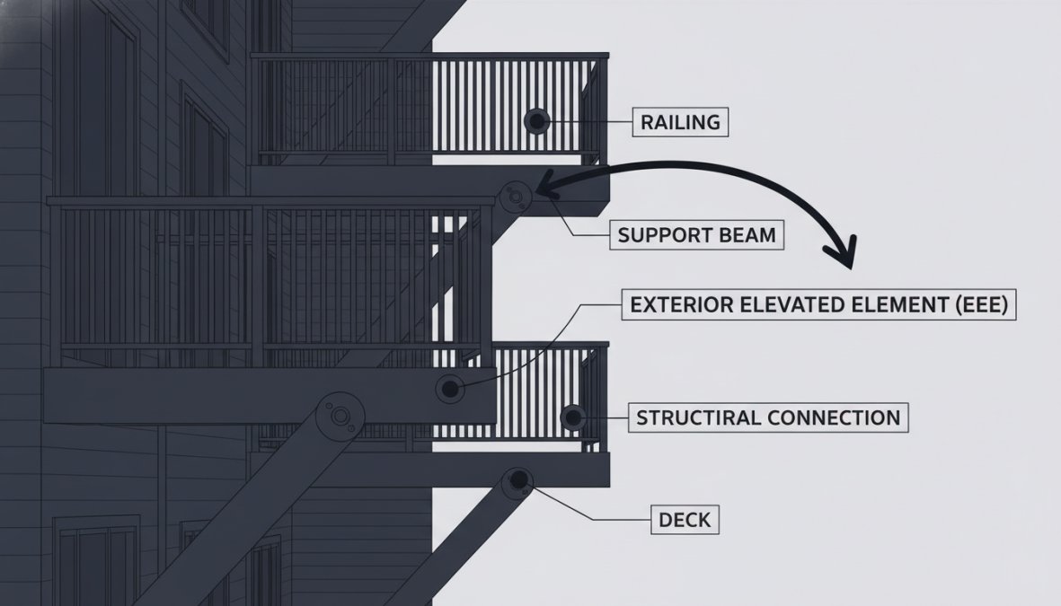 Close-up of residential balcony showing metal railings, support beams, and structural connections on multi-family building facade