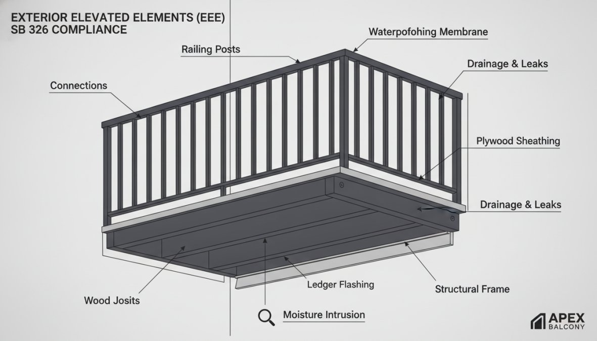 Close-up of residential building balcony showing metal railings, wooden deck boards, waterproofing membrane, and structural connections under daylight