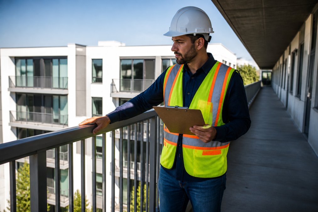 A licensed inspector in a hard hat and safety vest examining a residential balcony railing with a clipboard, standing on an elevated walkway of a multi-story apartment building on a clear day