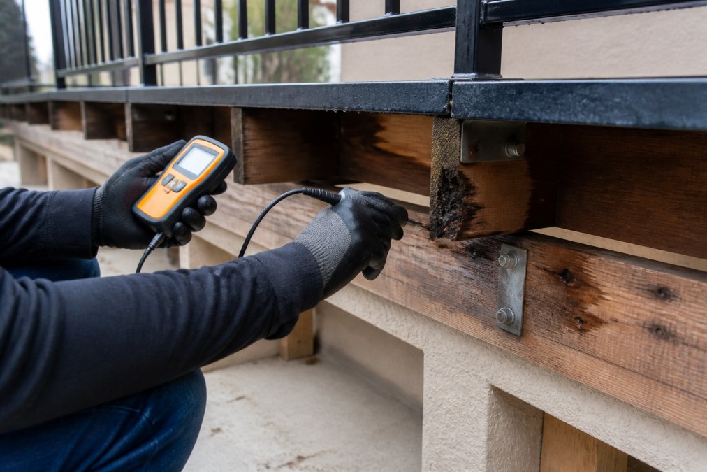 Close-up of inspector's hands using a moisture meter and probing tools to examine wooden deck framing and fasteners, checking for decay and water penetration, with inspection equipment visible