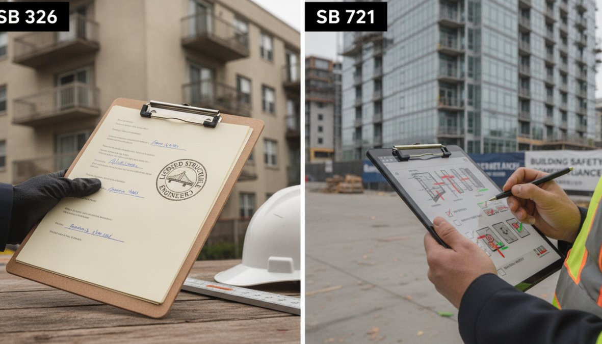 Licensed structural engineer conducting detailed visual inspection of residential balcony, examining railings and structural components with clipboard and measurement tools in hand