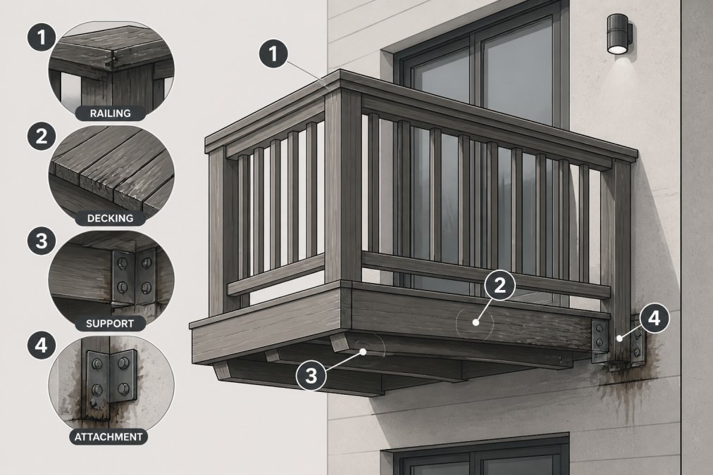 Close-up of a residential balcony showing wooden railings, decking, and attachment points to the building facade with natural daylight highlighting structural details and potential moisture damage areas